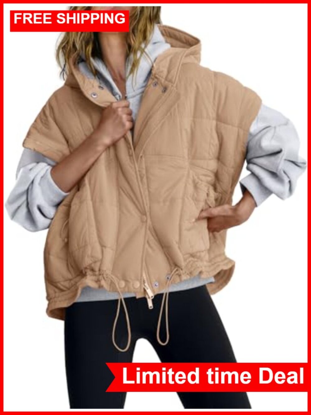Oversized Quilted Puffer Vest Sleeveless Zip Hooded Women's